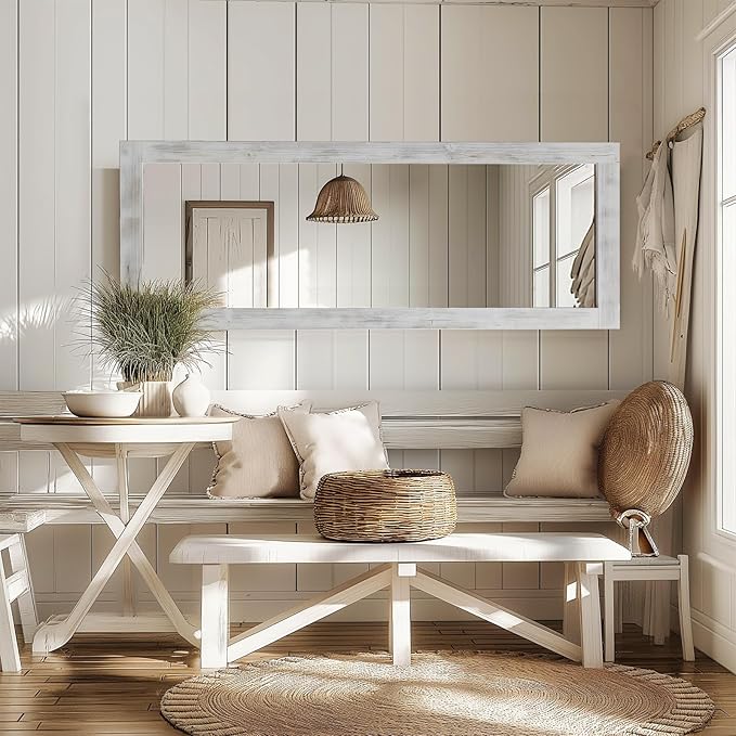 MELOMOIR Rustic Farmhouse Full Length Mirror with Wood Frame, 56"x21" Long Mirror for Bedroom Living Room Cloakroom, Free Standing Hanging or Leaning, Weathering White