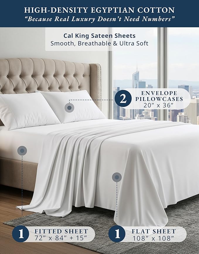 LANE LINEN 100% Egyptian Cotton California King Sheet Sets, Soft & Comfy Luxury Hotel Like Thick Fully Elasticized Bed Sheets, No Pill Fade Resistant Oeko Tex Certfied Cal King Sheets - White