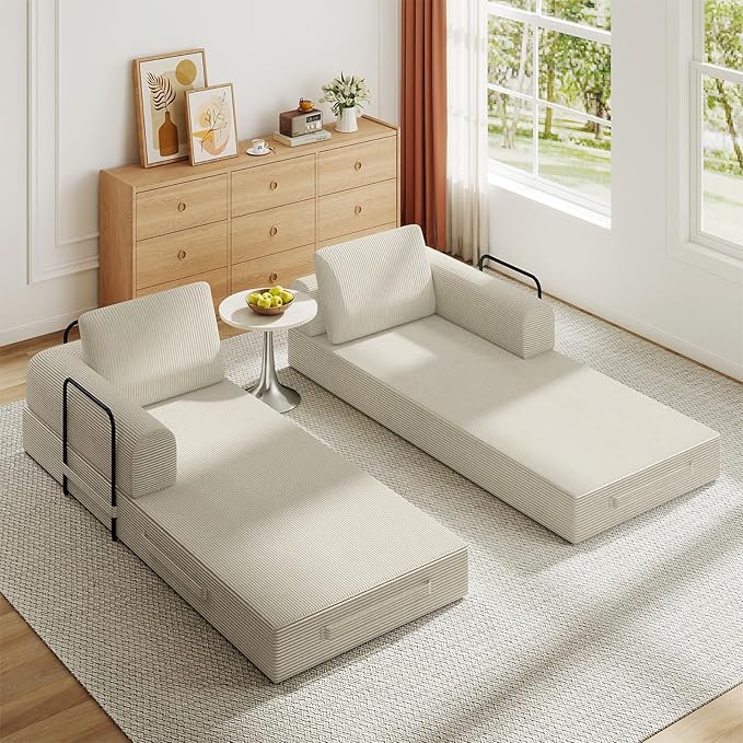 Antetek Convertible Sofa Bed, Comfy Corduroy Fluffy Love seat Sleeper Sofa, 5 in 1 Folding Couch Bed, Fold Out Floor Couch with Pillows for Bedroom, Living Room, Office, Pinstripe, Beige