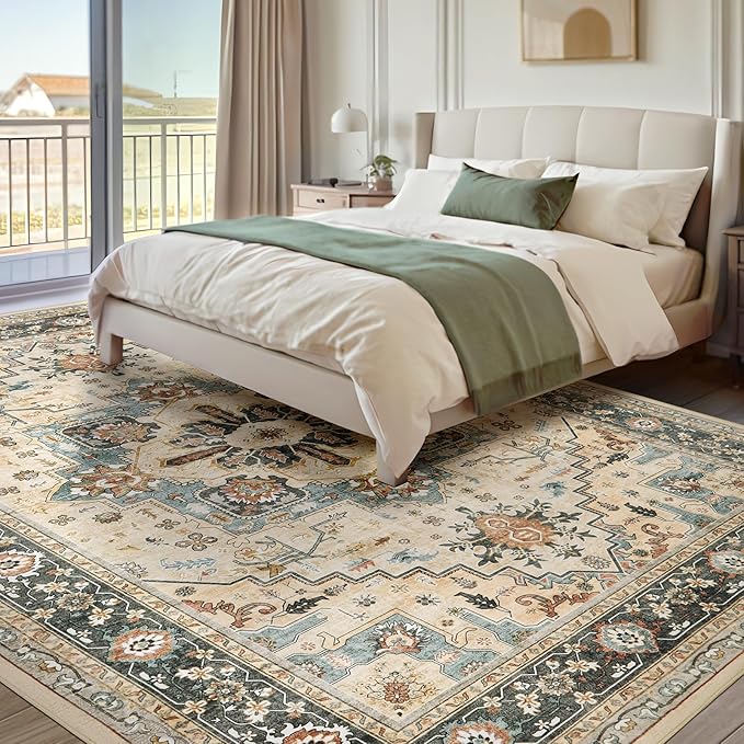 Area Rugs for Living Room 6x9 - Machine Washable Vintage Oriental Soft Rug, Low Pile Thin Floor Carpet with Non Slip Backing for Bedroom, Dorm, Under Dining Room Table, Indoor House, Office Decor