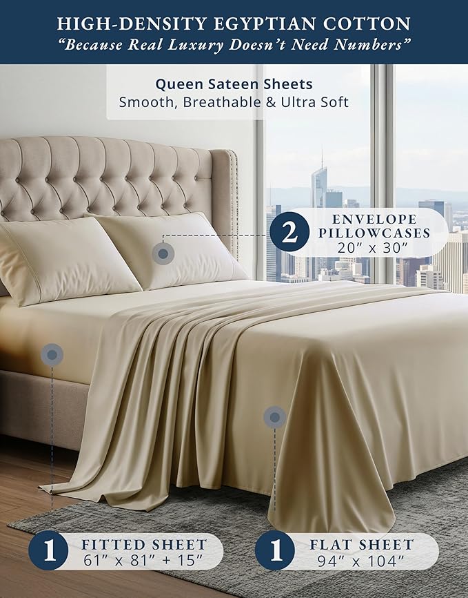 100% Egyptian Cotton Queen Size Sheets – 15" Deep Pocket Queen Sheet Set, Silky Sateen Weave for Winter Comfort, Breathable & Fade Resistant, Ultra-Soft Luxury Bedding for Holiday Home Décor - Linen