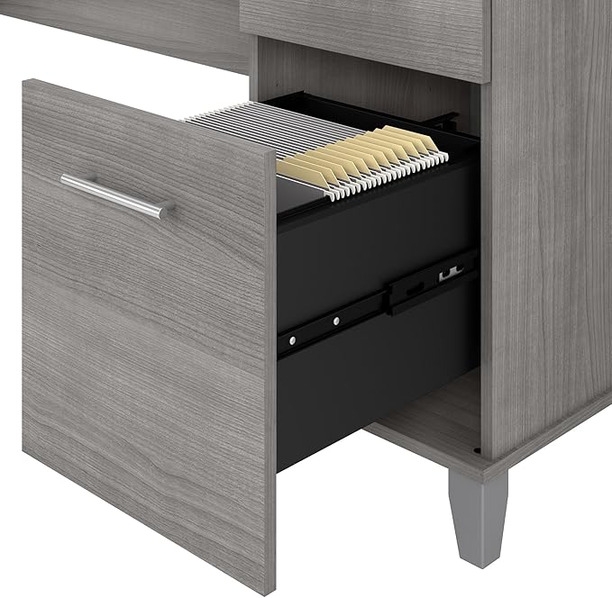 Bush Furniture Somerset L Shaped Desk with Hutch in Platinum Gray | Corner Computer Table with Drawers, Cabinets and Pullout Keyboard/Laptop Tray for Home Office