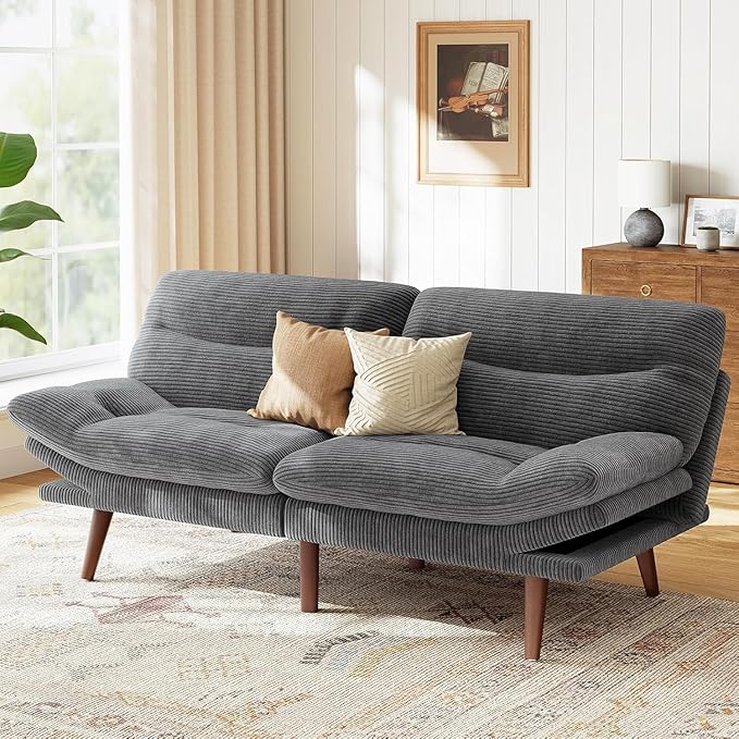 Marsail Futon Sofa Bed, Futon Couch with Adjustable Backrest & Armrests, Convertible Small Sleeper Sofa Bed for Small Apartments, Study Room, Office, Corduroy Loveseat, Dark Grey