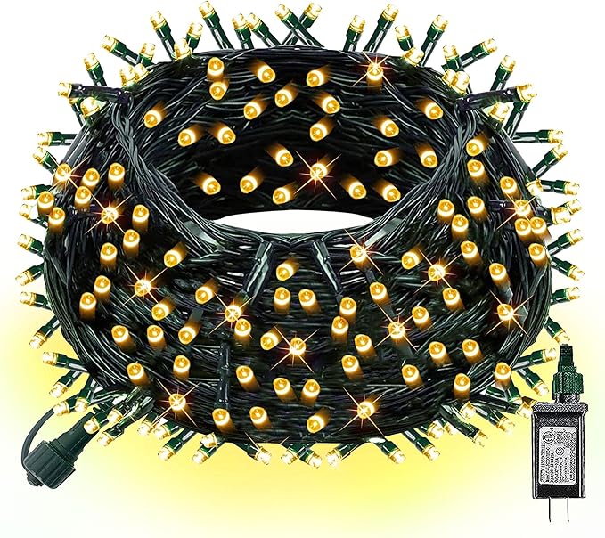 Dazzle Bright Christmas String Lights, 3 Pack Total 198FT 600LED Connectable Green Wire 8 Modes String Lights, Waterproof Christmas Light for Indoor Outdoor Patio Party Wedding Decorations, Warm White