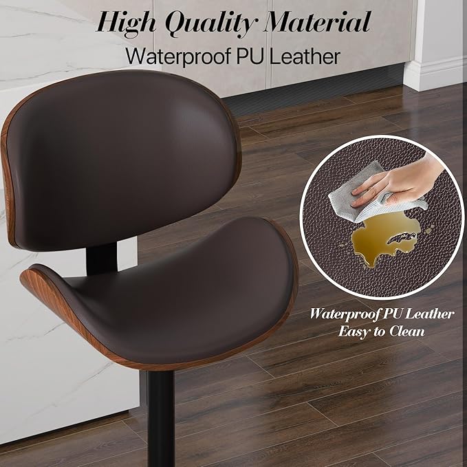 Adjustable Swivel Bar Stools Set of 3, Modern Bentwood Barstool with Large Metal Base and Footrest, PU Leather Upholstered Bar Chair with Curved Back for Kitchen Island Dining Room, Brown