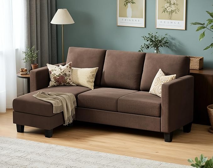 VICTONE Convertible Sectional Sofa Couch, 3 Seat L-Shaped Sofa with Linen Fabric Ottoman Small Couch for Small Apartments, Living Room and Office (Linen Fabric, Brown)