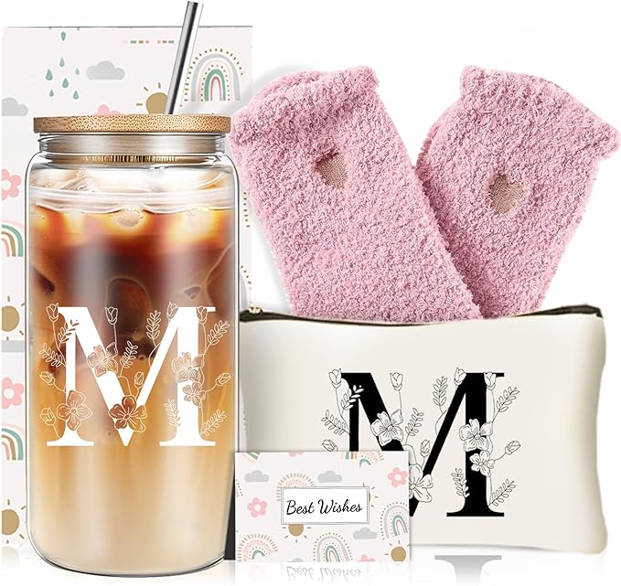 Unique Initial Glass Cup with Lids and Straws, Monogrammed Gifts Box Included Makeup Bag, Christmas Birthday Gifts for Women Mom Sister Grandma, M