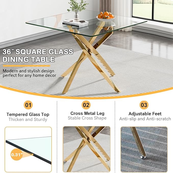 Goujxcy Glass Dining Table Set for 4, Modern Kitchen Table and Chairs Set of 4, 5-Piece Kitchen Dining Room Table Set w/36 Square Gold Glass Dining Table and 4 Grey Velvet Upholstered Chairs