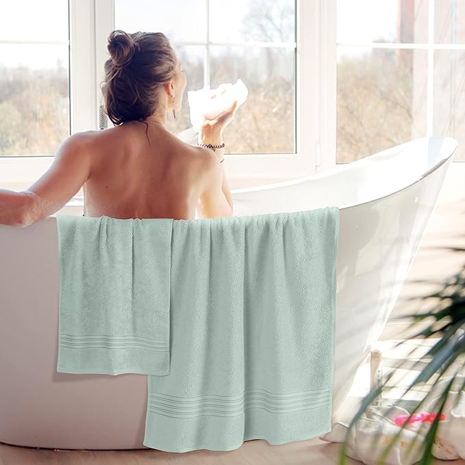 BOUTIQUO 6 Pack Cotton Towel Set, Contains 2 Bath Towels 28x55 inch, 2 Hand Towels 16x24 inch & 2 Wash Coths 12x12 inch, Ideal Everyday use, Ultra Soft Compact & Lightweight - Sea Green
