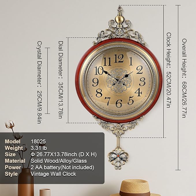 Vintage Wall Clock with Pendulum, 14 Inch Dial Diameter, 26.8 Inch Overall Height, Large Retro Metal and Glass Silent Clock for Living Room, Antique Wood Pendulum for Dining Room Office Home Decor