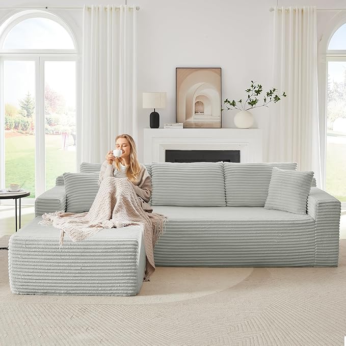 Modular Cloud Sectional Couch with L-Shape Chaise,Modern Upholstered Couches with Deep Seat,Corduroy Sponge Compressed Sofa for Living Room,No Assembly Required (Light Gray)