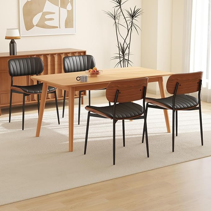 Modern PU Leather Dining Room Chairs Set of 2, Upholstered Kitchen Chairs with Walnut Bentwood Back and Metal Legs Adjustable Feet for Kitchen Dining Room(Balck)