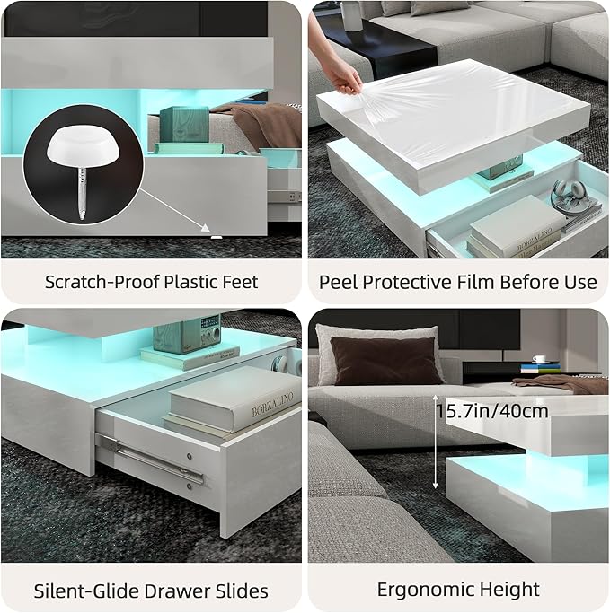 LED Coffee Table for Living Room, 2-Tier Modern Square Center Table with Music Sync Lights, High Gloss Surface, 30 3/4" x 30 3/4" (White)