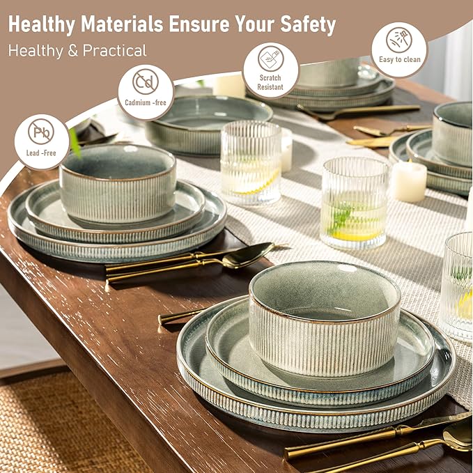 GBHOME Stoneware Dinnerware Sets for 8,Round Reactive Glaze Ceramic Plates and Bowls Set,Highly Scratch Resistant | Dishwasher & Microwave Safe Dishes Set,Service for 8(24Pcs),Desert Sage