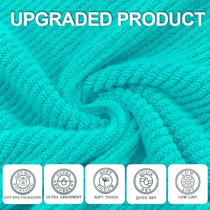 Turquoise Bath Towel with Hanging Loop - 100% Cotton, Soft, Quick Dry, Lightweight, Towel Set of 6, 2 Large Bath 30"x56", 2 Thick Hand 18"x28", 2 Absorb Washcloths 13"x13", Luxury Gift Set