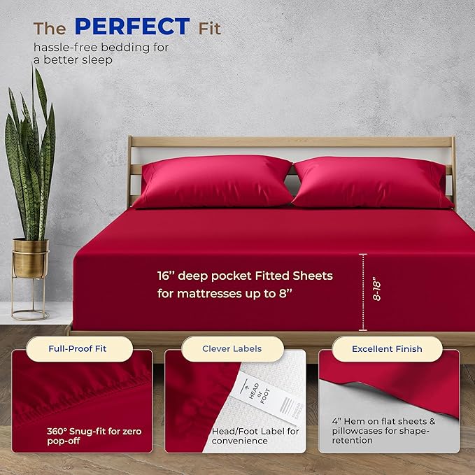 THREAD SPREAD 100% Egyptian Cotton King Size Sheets Set - High Thread Count Bed Sheets King Size Deep Pocket 16" (4 PC, Red), Soft, Cooling, Extra Long Staple Sateen Luxury Hotel Sheet Set