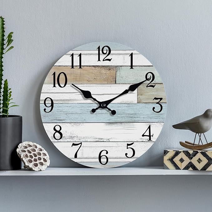 Wall Clock Battery Operated 12 Inch Silent Non Ticking Coastal Design Country Rustic Retro Decorative for Bathroom Kitchen Living Room Bedroom