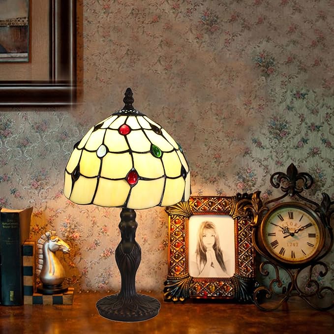 Tiffany Style Table Lamp, 8 Inch Stained Glass Lamp, Small Antique Bedside Lamp, for Nightstand Bedroom Living Room Home Office, Include LED E26 Bulb
