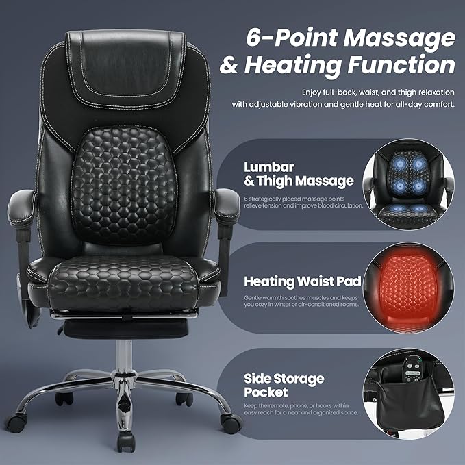 Executive Office Chair with Massage and Heat, Ergonomic Reclining Desk Chair with Footrest, Big and Tall High-Back Leather Computer Chair with Wheels, Adjustable Managerial Chair, Supports 300 lbs