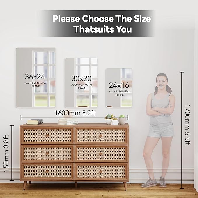 24x36 Mirror Rectangle Full Length Wall Mounted Hanging or Against Wall Metal Frame Dressing Make-up Mirrors for Entryway Bedroom Bathroom Living Room 24 36 36x24 inch Silver