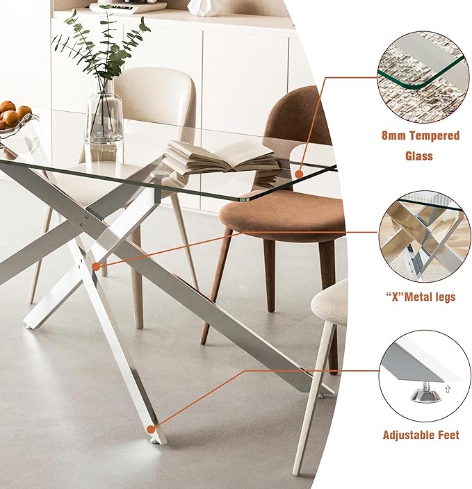 60" Rectangular Glass Dining Room Table for 6 with Tempered Glass Top and Silver Metal Legs, Modern Clear Kitchen and Dinner Table for Home Office Dining Room