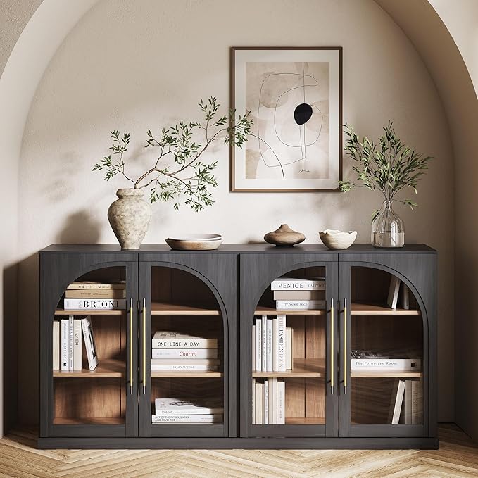 BELLEZE 65" Arched Sideboard with Glass Door, Accent Buffet Cabinet with Storage and Adjustable Shelves, Classic Modern Large Console Table for Dining Room Living Room Entryway (Ebony)