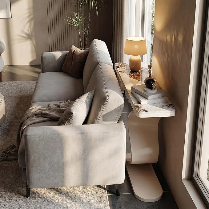 Modern Console Table with Sintered Stone Top, 47" Entryway Table with Sculptural S-Shaped Base Narrow Hallway Sofa Table Behind Couch for Living Room, Accent Furniture(White,59"x11.8"x31.5")
