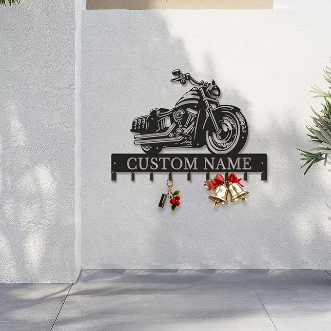Personalized Motorcycle Metal Key Holder, Custom Last Name Metal Wall Sign, Hanging Storage Rack for Garage and Home Decor (Style-1)