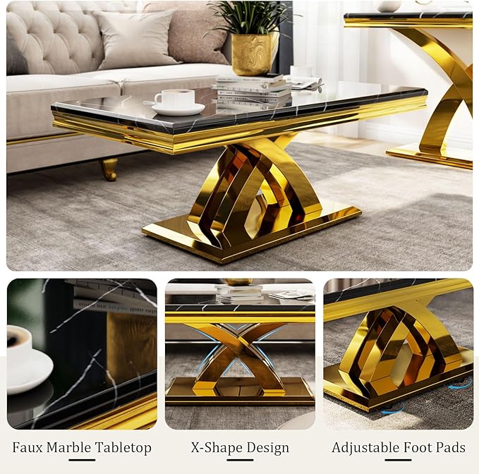 AUZ 3 Pieces Black Gold Living Room Table Set, Coffee Table Set with X-Shape Design Polished Stainless Steel Frame