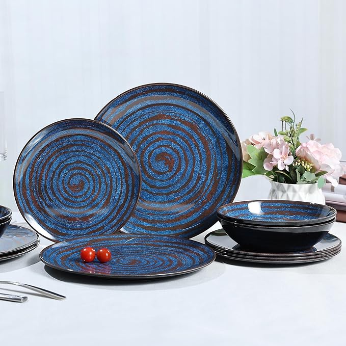 Melamine Dinnerware Set, 12-Piece Plates and Bowls Set, Blue Threaded Plastic Dishes Set, Service for 4, BPA-Free, Dishwasher Safe