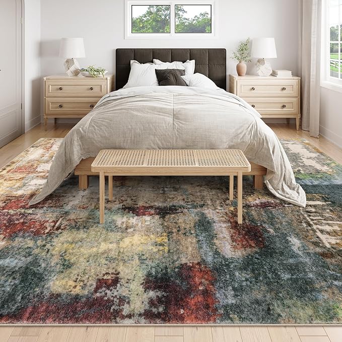 Lahome Modern Abstract 9x12 Area Rugs for Bedroom, Washable Living Room Rug for Bedroom Low Pile Non Slip, Red Soft Indoor Accent Carpet for Dining Room Table Home Decor Use