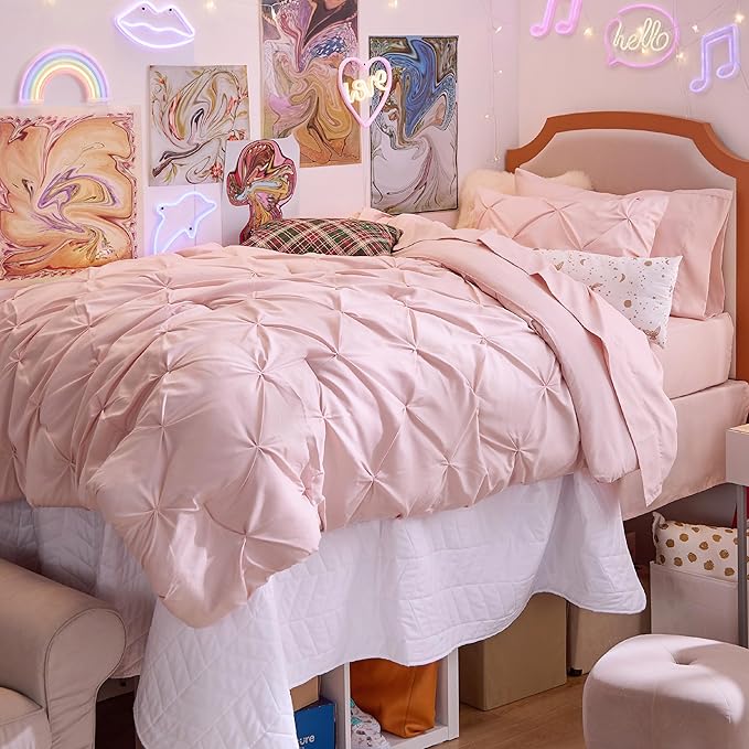 Bedsure Twin Comforter Set Pink for Women - Bed in a Bag Twin Size Bedding 5 Pieces, GentleSoft™ Pintuck Bed Set Gift for Family, Pinch Pleat Pink Comforter with Sheets, Pillowcase & Sham