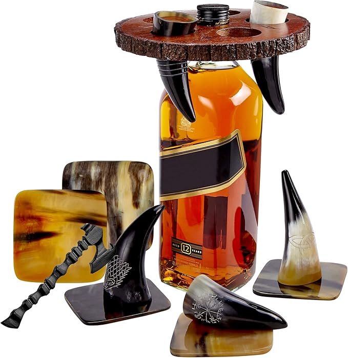 Viking Culture Viking Horn Drinking Cup Shot Glasses with Vintage Axe Bottle Opener, Coasters, and Rustic Wood Display Stand, Toasting Vessels for Party, Event, Bachelors