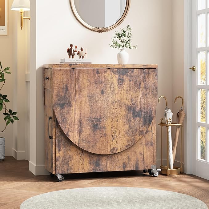 Folding Dining Table for 4 Kitchen Dining Room DinnerTable with Storage Drawer Space Saving Oval Foldable Drop Leaf Gateleg Furniture for Small Space (Vintage, 47 * 23.6 * 30)