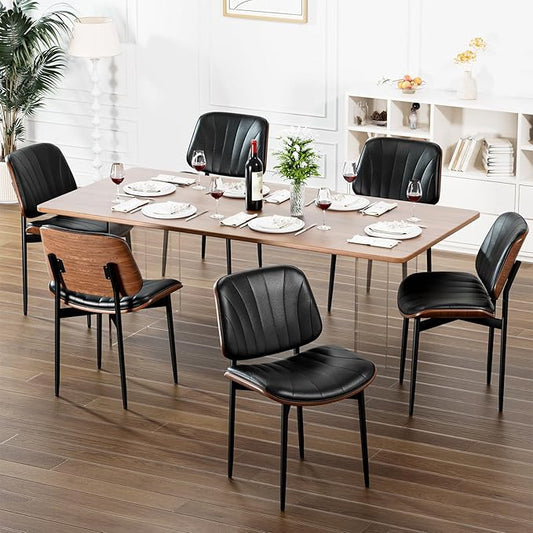 Dining Chairs Set of 6, Dining Room and Kitchen Chairs, FSC Certified Mid Century Modern Accent Chair, Upholstered PU Leather Chairs for Vanity with Walnut Bentwood and Metal Legs, Black