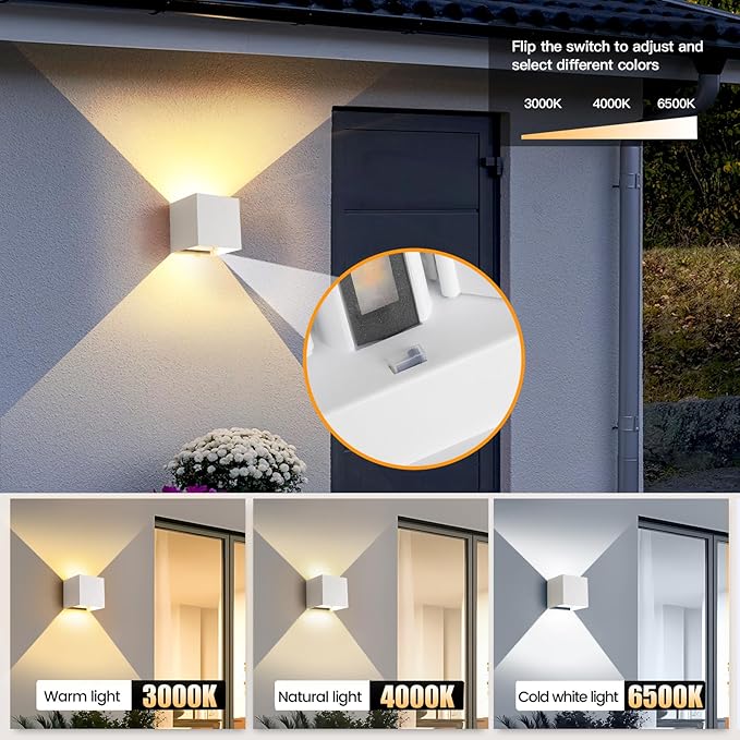 2 Pack LED Outdoor Wall Lights Exterior/Interior 3 Colors Adjustable 15W Wall Light Fixture IP65 Waterproof Porch Exterior Wall Sconce Modern Outdoor Lighting Square Aluminum White Up and Down Lights