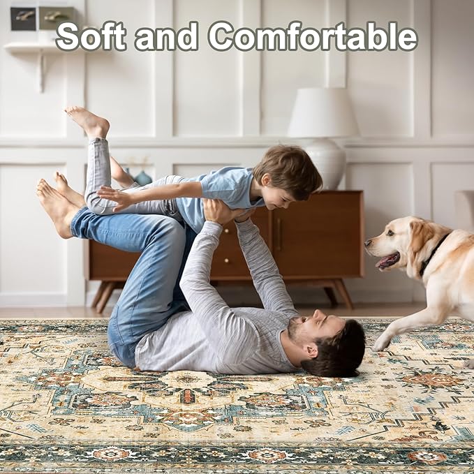 Area Rugs for Living Room 10x14 - Extra Large Machine Washable Vintage Oriental Soft Rug, Low Pile Thin Carpet with Non Slip Backing for Bedroom, Dorm, Dining Room, Indoor House, Office