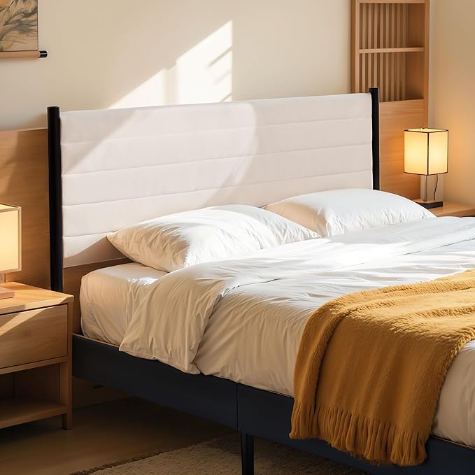 Hokway Bed Frame Upholstered Platform Bed with Headboard Wooden Slat Support No Box Spring Needed(Queen, Beige)