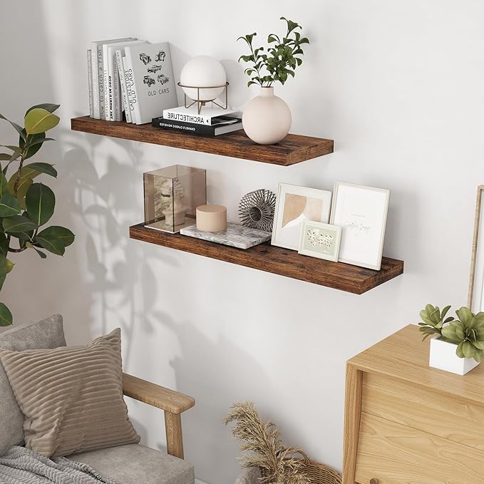 40 Inch Floating Shelves for Wall, 9.3 Inch Deep Shelves for Books & Decor, Wall-Mounted Floating Shelf 40 Inch Long Set of 2, Rustic Wooden Shelf for Living Room, Bedroom, Kitchen, Rustic Brown
