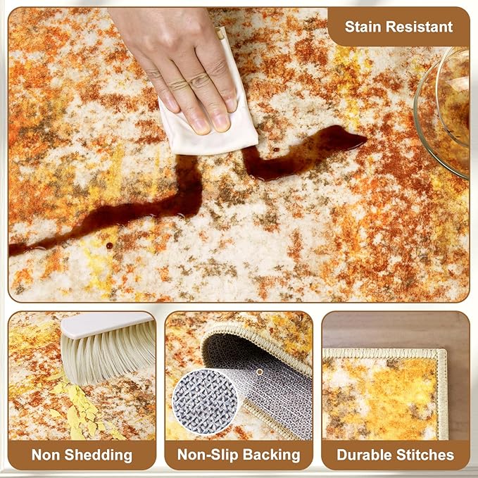 Washable Area Rugs for Living Room - 9x12 Abstract Modern Rug Neutral Soft Rug Stain Resistant Non-Shedding No Slip Low Pile Large Carpet for Bedroom Dining Room Nursery Home Office - Orange/Gold
