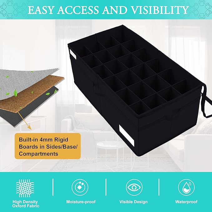 Luvhomee Shoe Storage Organizer, Fits 24 Pairs, Large Shoe Organizer Box for Closet, Clear Foldable Shoes Containers w/Bottom Support, Space Saving Shoe Cubby Storage Boxes w/Reinforced Handles, Black