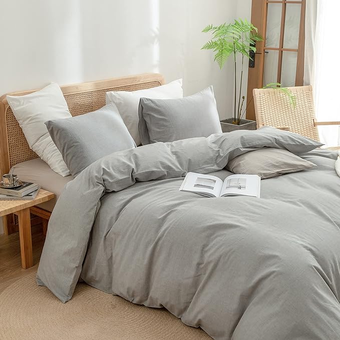BESTOUCH Duvet Cover Set 100% Washed Cotton Linen Feel Super Soft Comfortable Chic Lightweight 3 PCs Home Bedding Set Solid Light Grey Oversized Queen