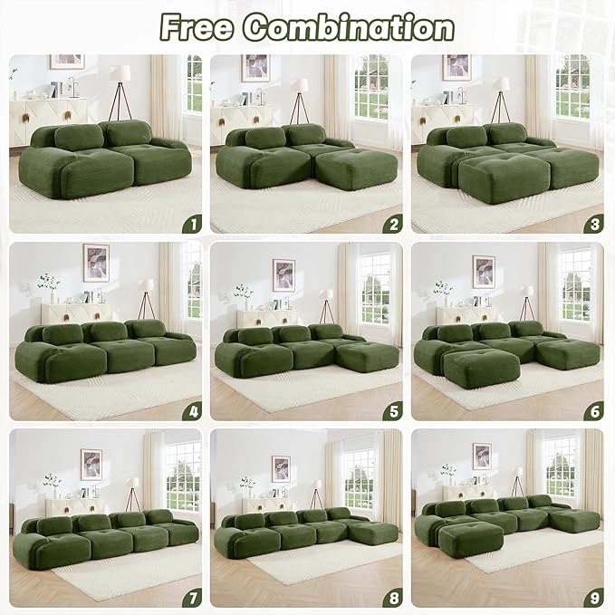 80" Modern Corduroy Boneless Love Seat Couches with 1 Ottoman, 2 Seater Large Sectional Couches for Living Room, Green Cloud Modular Sectional Sofa, Memory Foam, Extra Deep Loveseat, No Assembly