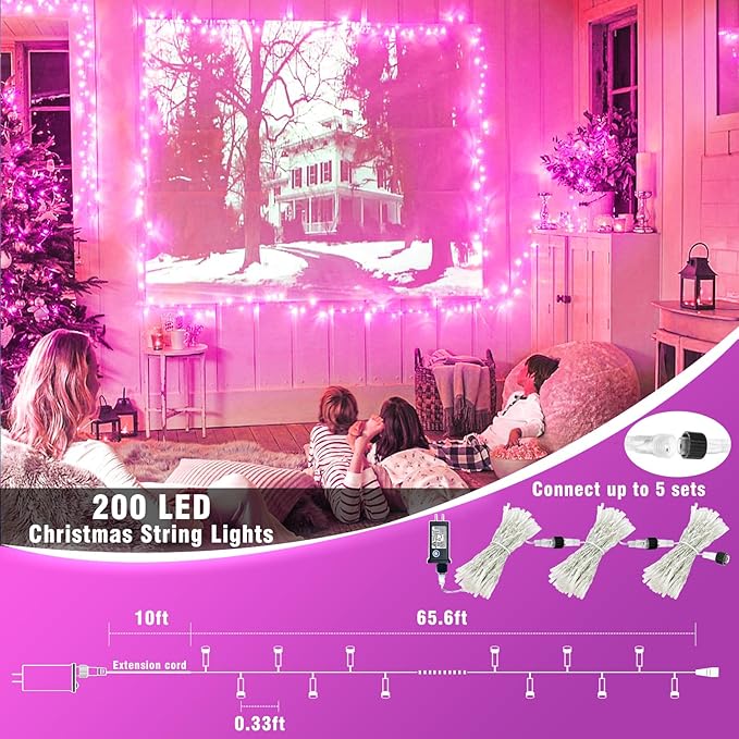 100ft Pink Christmas Lights Outdoor 300 LED Pink String Lights 8 Modes Clear Wire, Plug in Waterproof Twinkle Fairy Lights for Bedroom Indoor Wedding Christmas Party Decorations