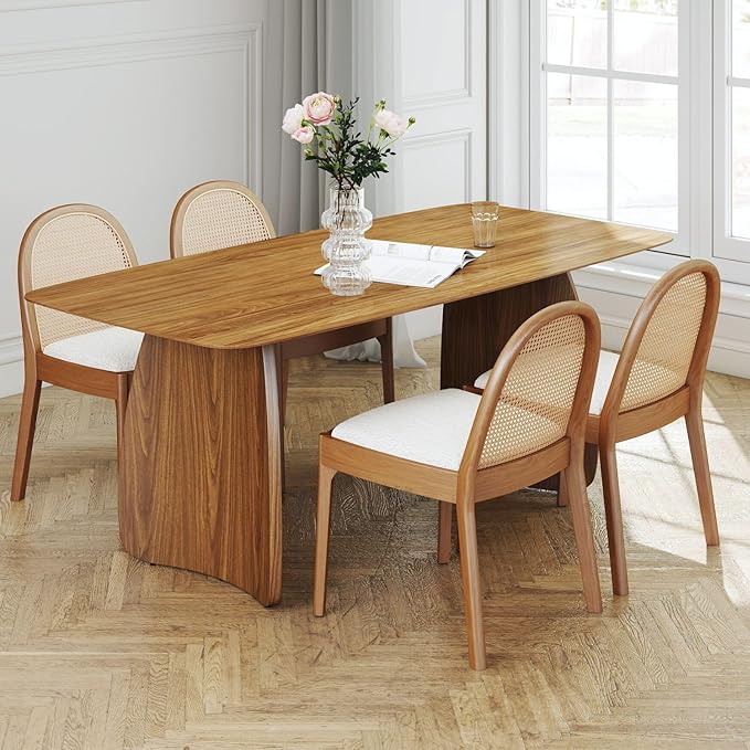 LukeAlon Modern Sherpa Dining Chairs Set of 6, Natural Woven Rattan Cane Back Side Chairs with Solid Wood Legs Mid Century Dinner Chairs for Kitchen Living Room, White
