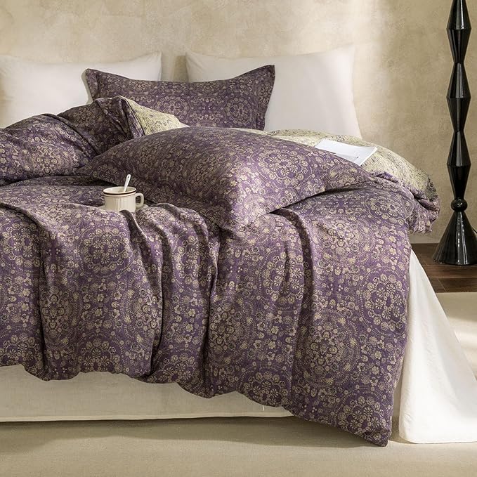 LifeTB Purple Green Floral Duvet Cover Queen Vintage Boho Medallion Bedding Set Queen 3 Pieces Jacquard Flower Comforter Cover Floral Yarn-Dyed Textured Linen Cotton Duvet Cover with 2 Pillowcases