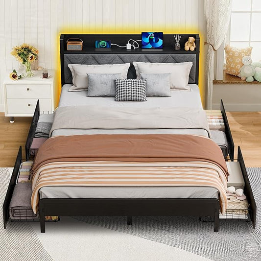Bed Frame Full Size with Charging Station and LED Lights, Upholstered Storage Headboard with 4 Drawers, Heavy Duty Metal Slats, Noise Free, Easy Assembly, No Box Spring Needed