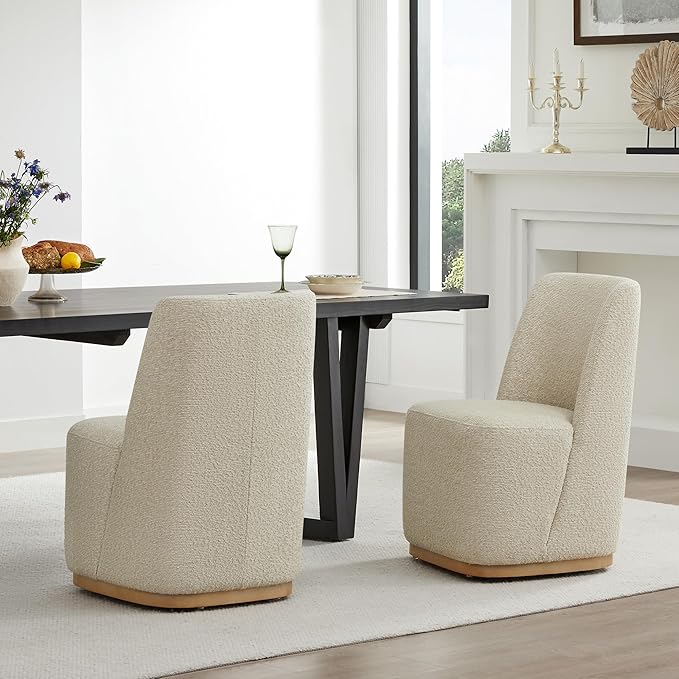 CHITA Upholstered Rolling Dining Chair on Casters Set of 2, FSC Certified Modern Fabric Dining Chair with Casters, Boucle Dining Chairs for Reading Room Waiting Room Kitchen Dining Room, Oatmeal