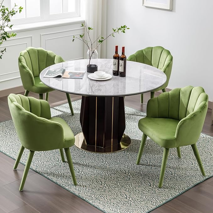 Velvet Dining Chairs Set of 2 Modern Living Room Chairs with Petal Back & Wood Legs Comfy Upholstered Side Chair for Dining Room/Bedroom/Vanity, Olive
