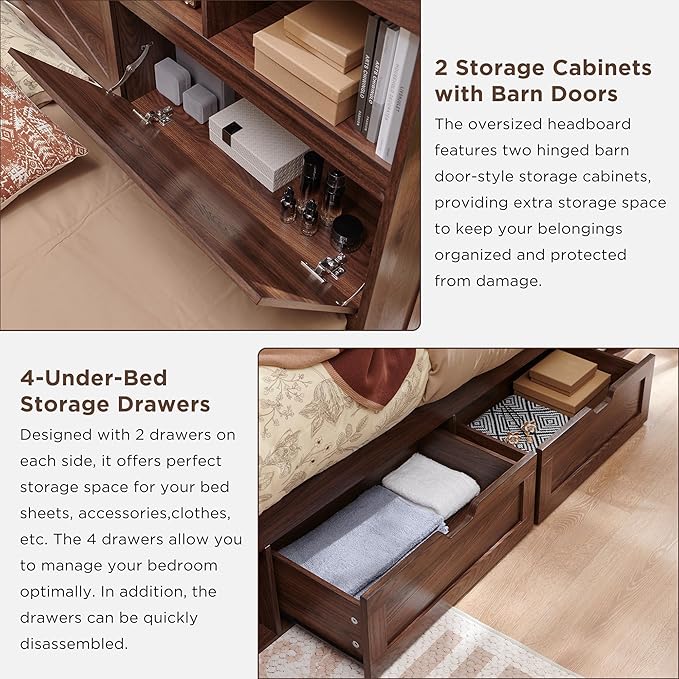 ACCOHOHO Full Bed Frame with 52" Tall Headboard and 4 Drawers,LED Light,Charging Station,Solid Wood Slats Support,No Box Spring Needed,Brown